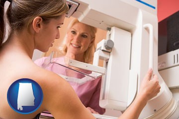 a nurse assisting a patient with a mammogram test - with Alabama icon